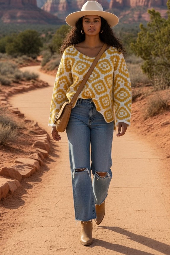 Yellow geometric statement sweater styled with denim and boots in a desert setting for an oversized sweater outfit idea.