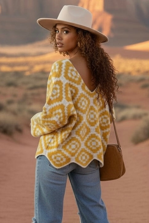 Sundial Geo Pattern V Neck Sweater