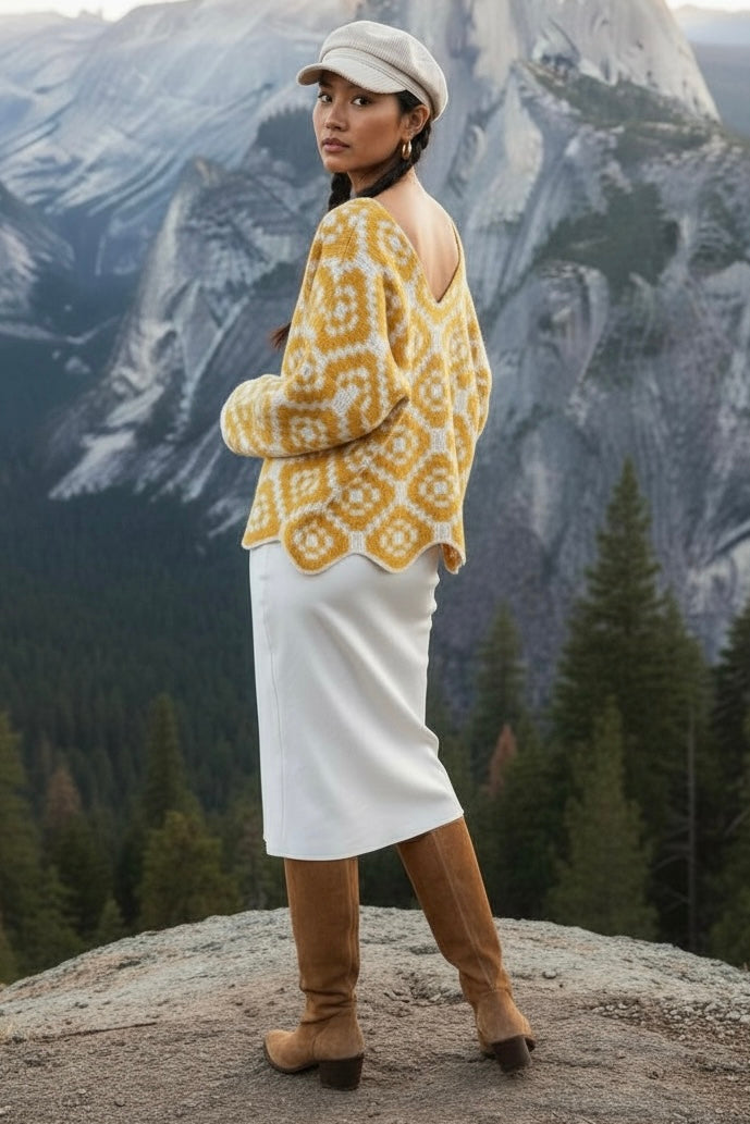 Sundial Geo Pattern V Neck Sweater