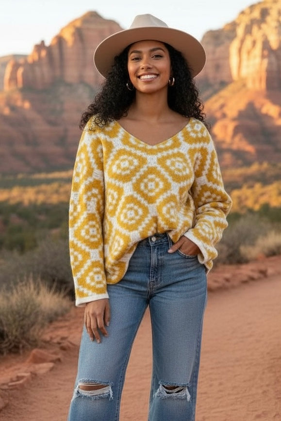 Yellow geometric V neck sweater with a scalloped hem worn with wide leg jeans for a modern yellow sweater outfit.
