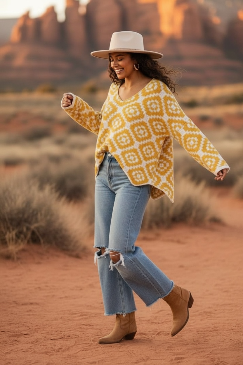 Sundial Geo Pattern V Neck Sweater
