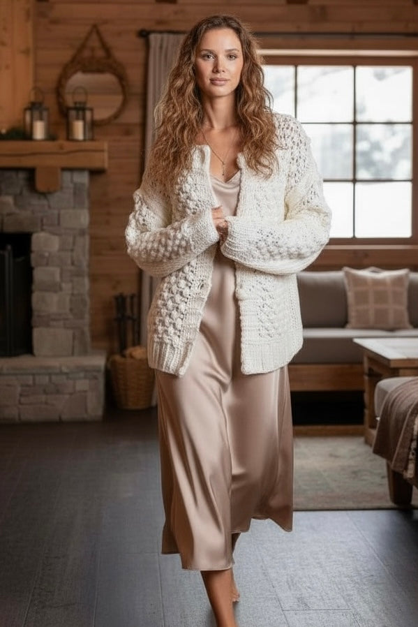 Ivory bobble knit cardigan styled over a satin slip maxi for a romantic boho outfit with soft luxe winter vibes.