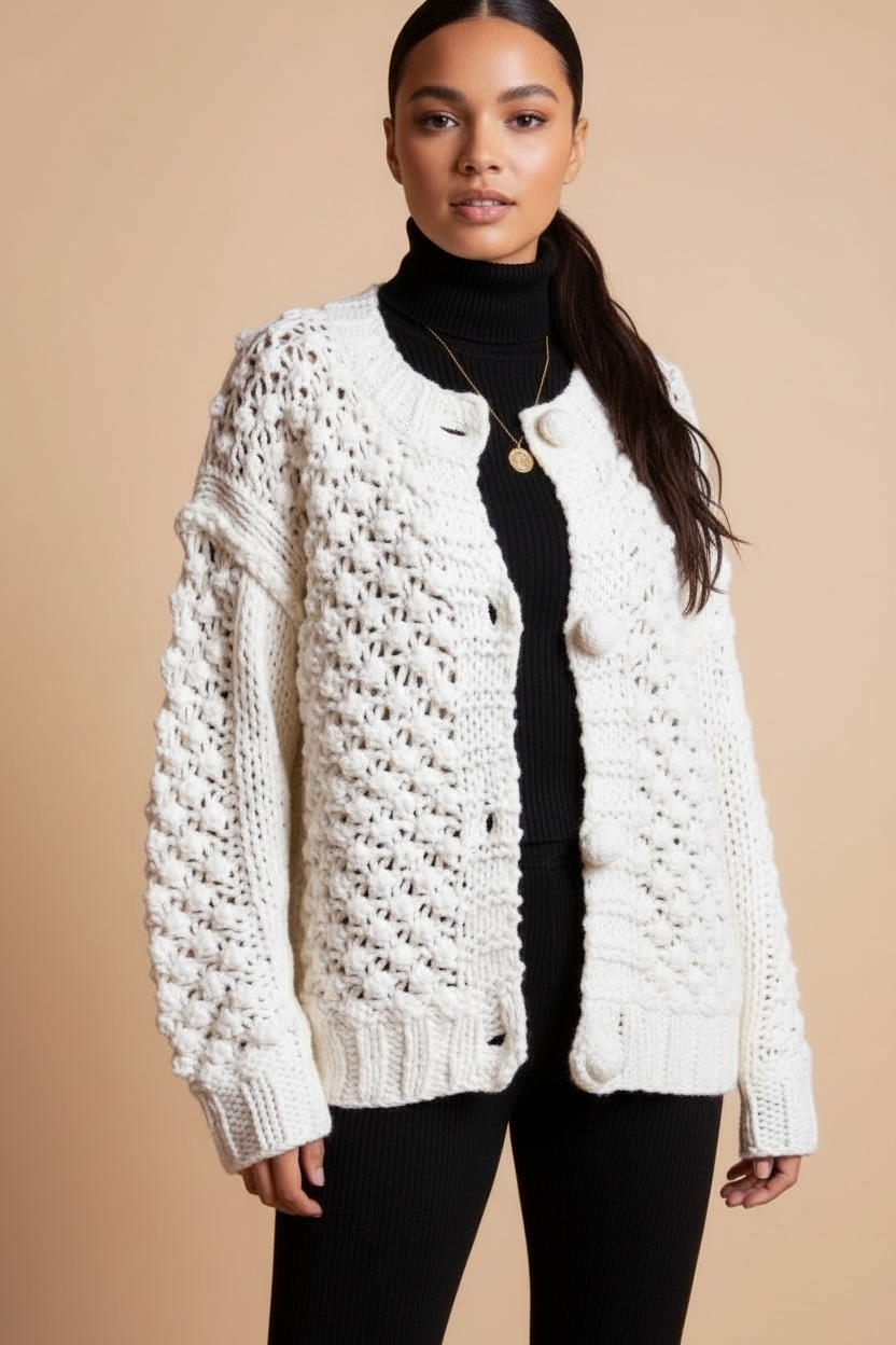 POL ivory bobble stitch cardigan with button front and open crochet knit, shown in a front view to highlight fit and detailed stitching.