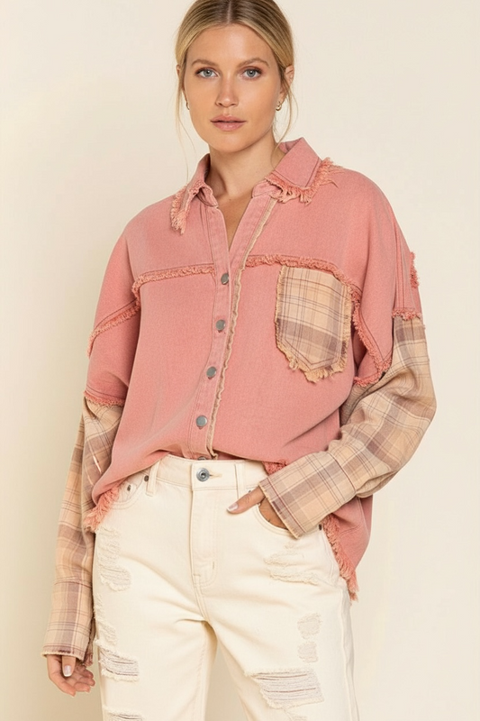 Pink Clay patchwork shirt shacket with contrast plaid sleeves, raw frayed hems, button front and relaxed oversized fit