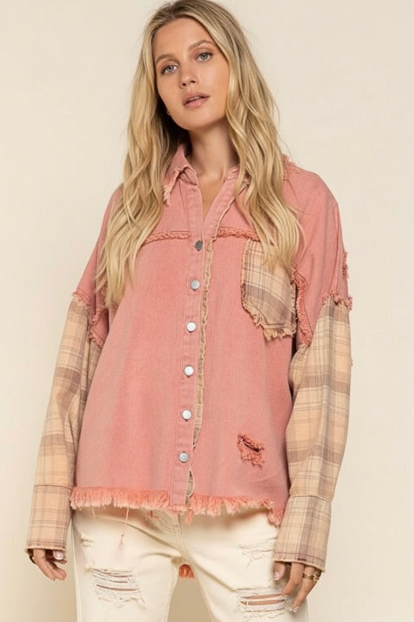 Loose Ends Plaid + Denim Button Front Shacket