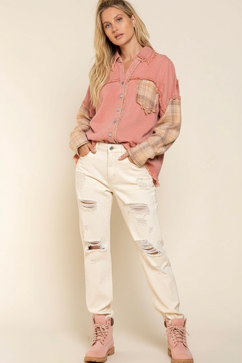 Loose Ends Plaid + Denim Button Front Shacket