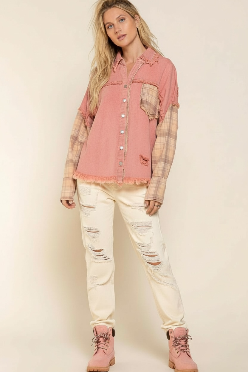 Loose Ends Plaid + Denim Button Front Shacket