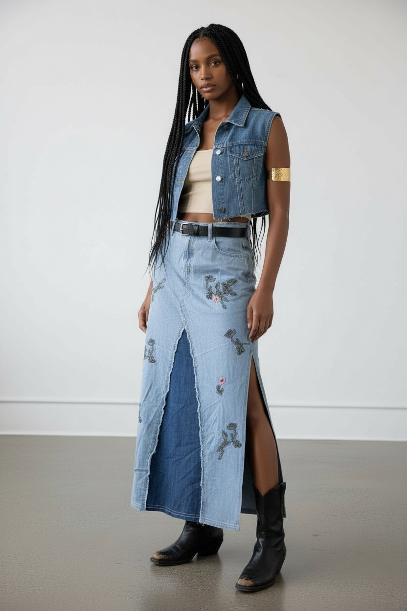 Floral embroidered denim maxi skirt with vintage wash, boho festival style and detailed stitching
