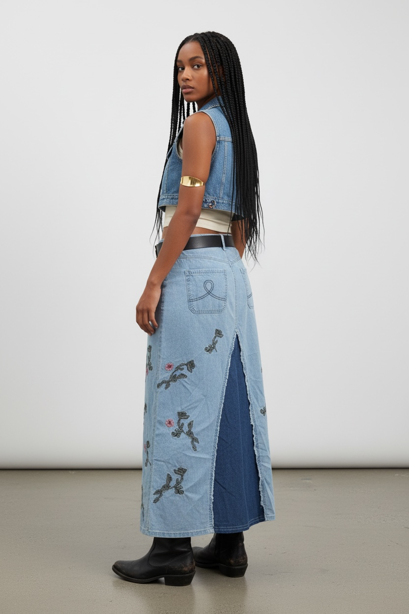 Catch The Sun Embroidered Mixed Denim Maxi Skirt