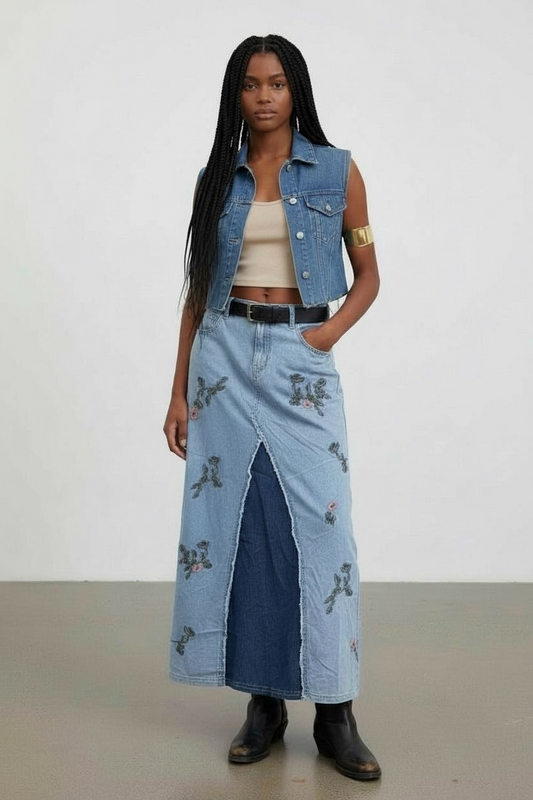 Floral embroidered denim maxi skirt with vintage wash, boho festival style and detailed stitching