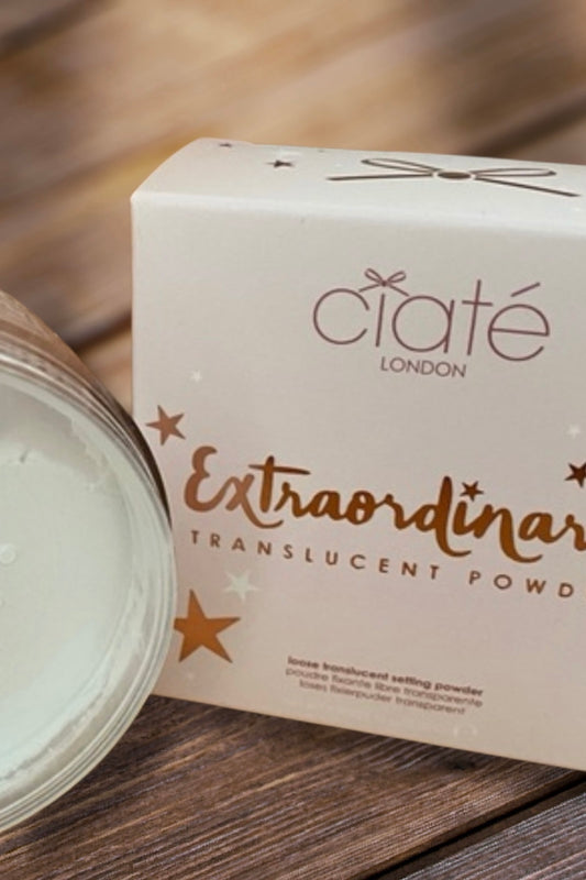 Ciaté London Extraordinary Translucent Setting Powder packaging with loose powder jar, soft-focus makeup finishing powder.