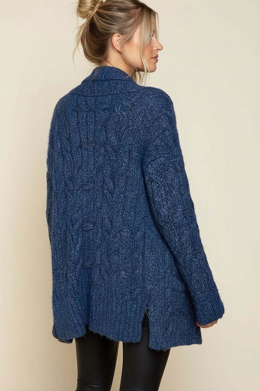 Moonlight Ocean Shawl Collar Cable Knit Cardigan