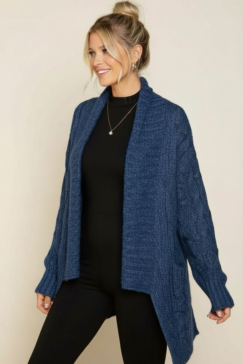 Moonlight Ocean Shawl Collar Cable Knit Cardigan
