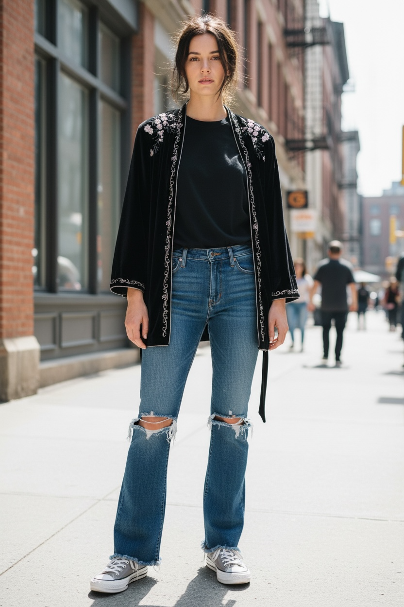 Black velvet floral embroidered cardigan with tie waist worn open over a black tee and distressed blue jeans for an effortless daytime outfit