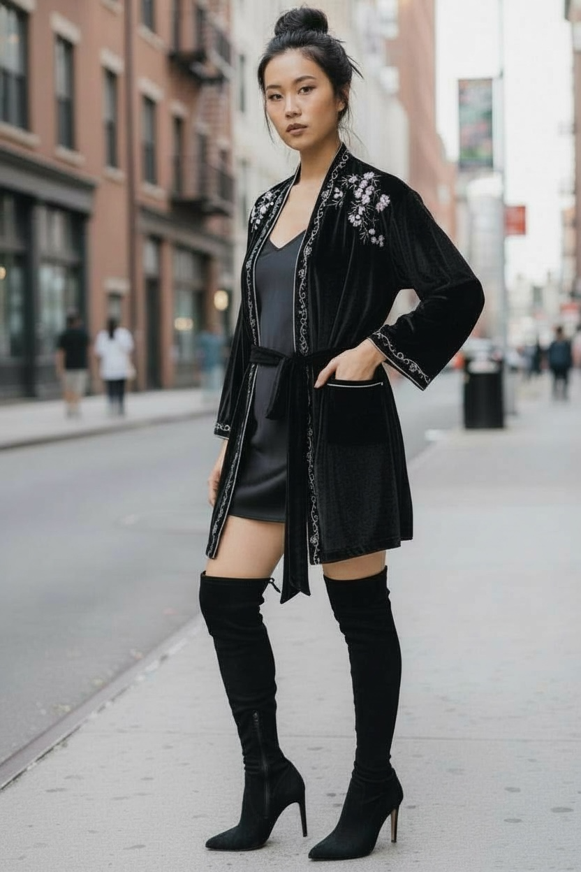 Black velvet embroidered tie waist cardigan with pockets styled over a mini dress and thigh high boots for a date night or party look