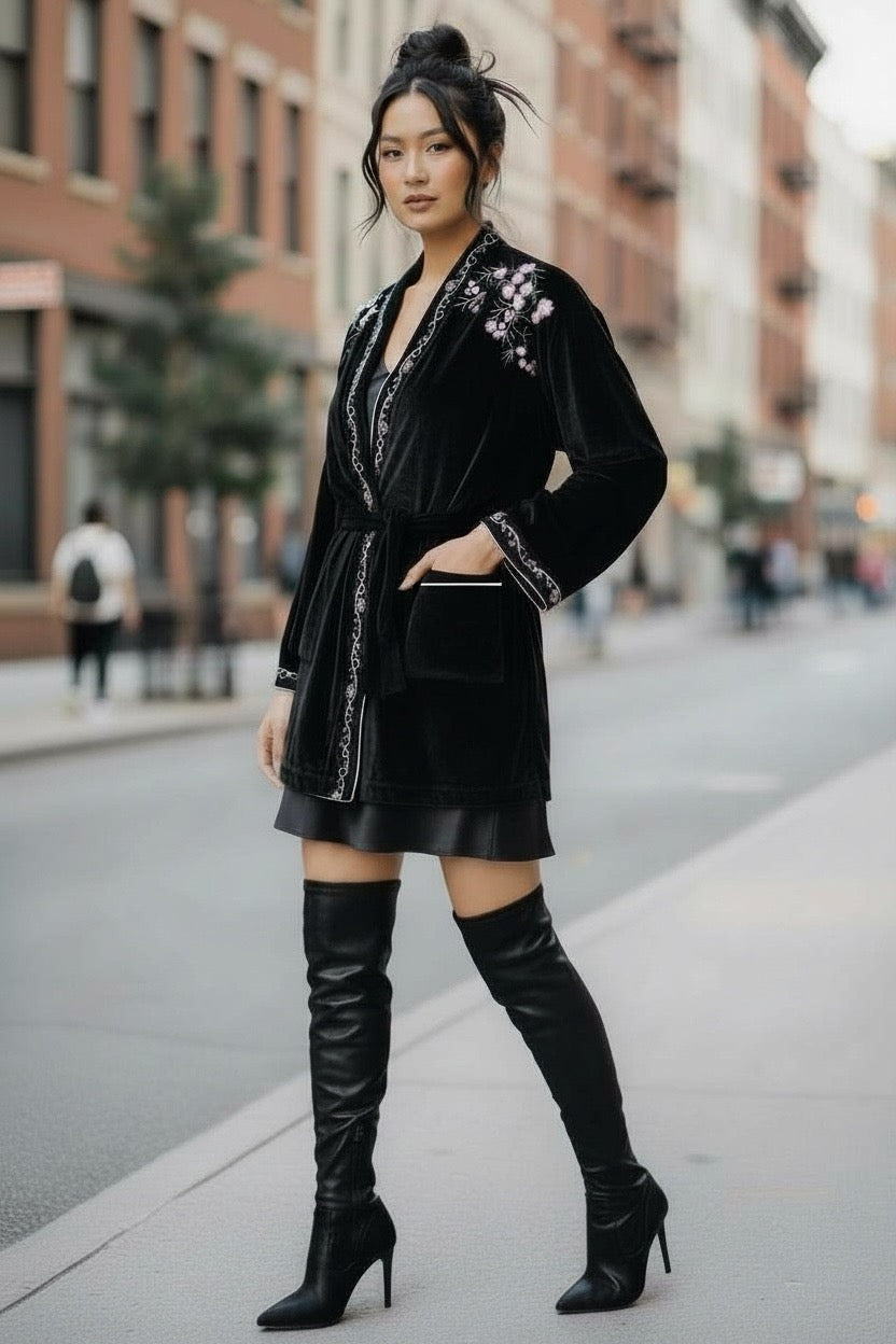 Black velvet embroidered tie waist cardigan styled with a satin slip dress and over the knee boots for an elevated evening look