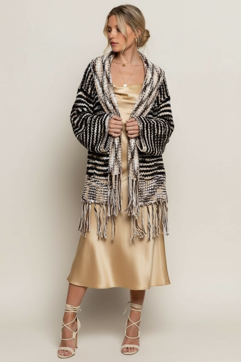 Wintered Woods Striped Cardigan with Tassel Fringe