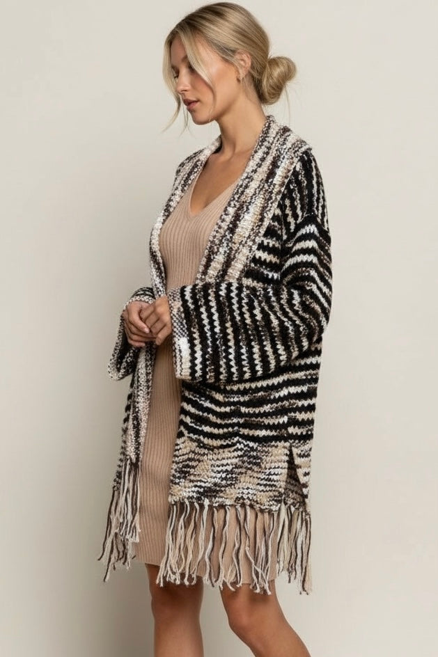 Wintered Woods Striped Cardigan with Tassel Fringe