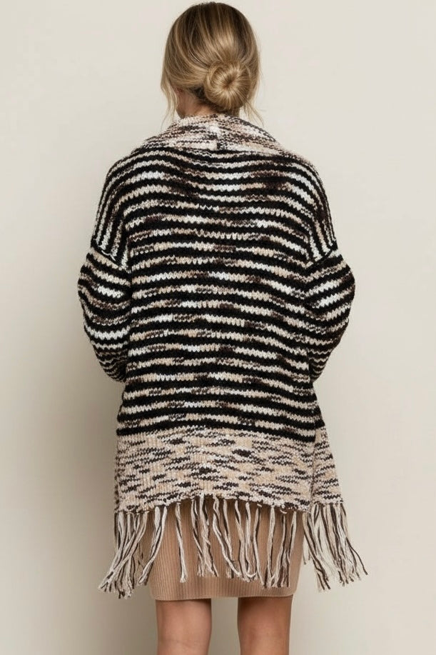 Wintered Woods Striped Cardigan with Tassel Fringe