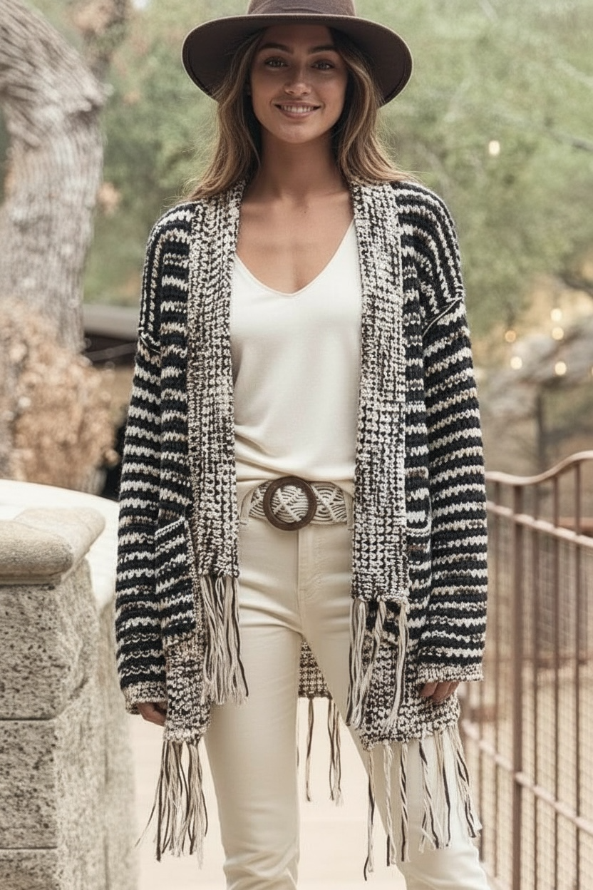 Wintered Woods Striped Cardigan with Tassel Fringe