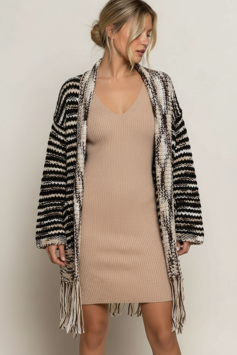 Wintered Woods Striped Cardigan with Tassel Fringe