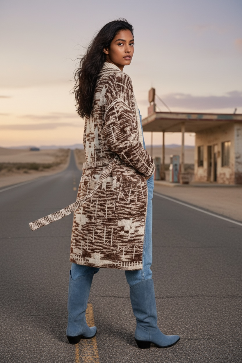 Western Geometric Belted Long Sweater Cardigan | Pockets – xoxo, klowe Western Geometric Belted Long Sweater Cardigan | Pockets – xoxo, klowe