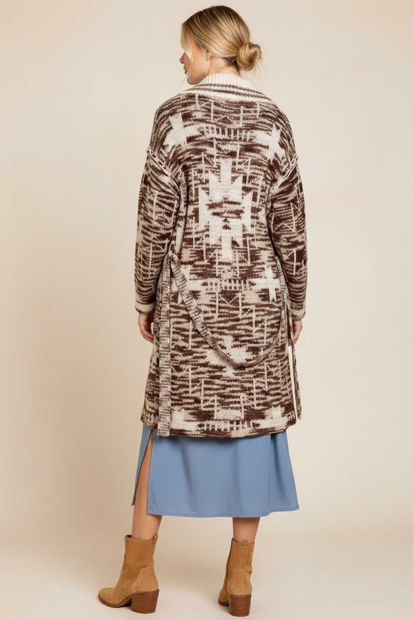 Brown and beige western inspired belted long knit cardigan, back view highlighting southwestern desert geometric pattern