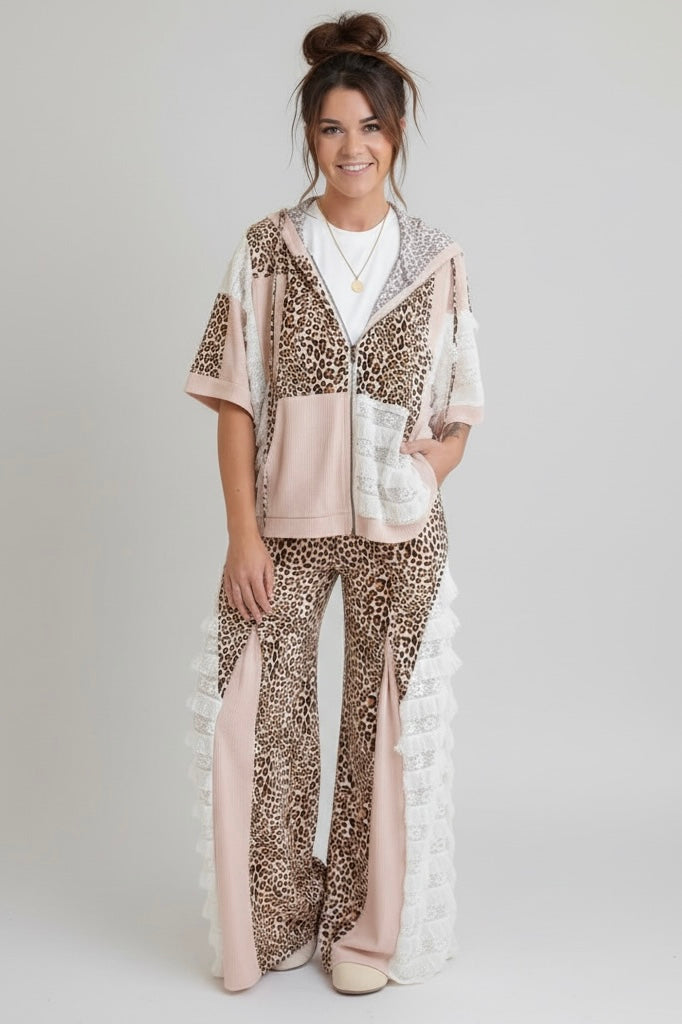 Iconic Leopard + Lace Patchwork Zip Up Hoodie