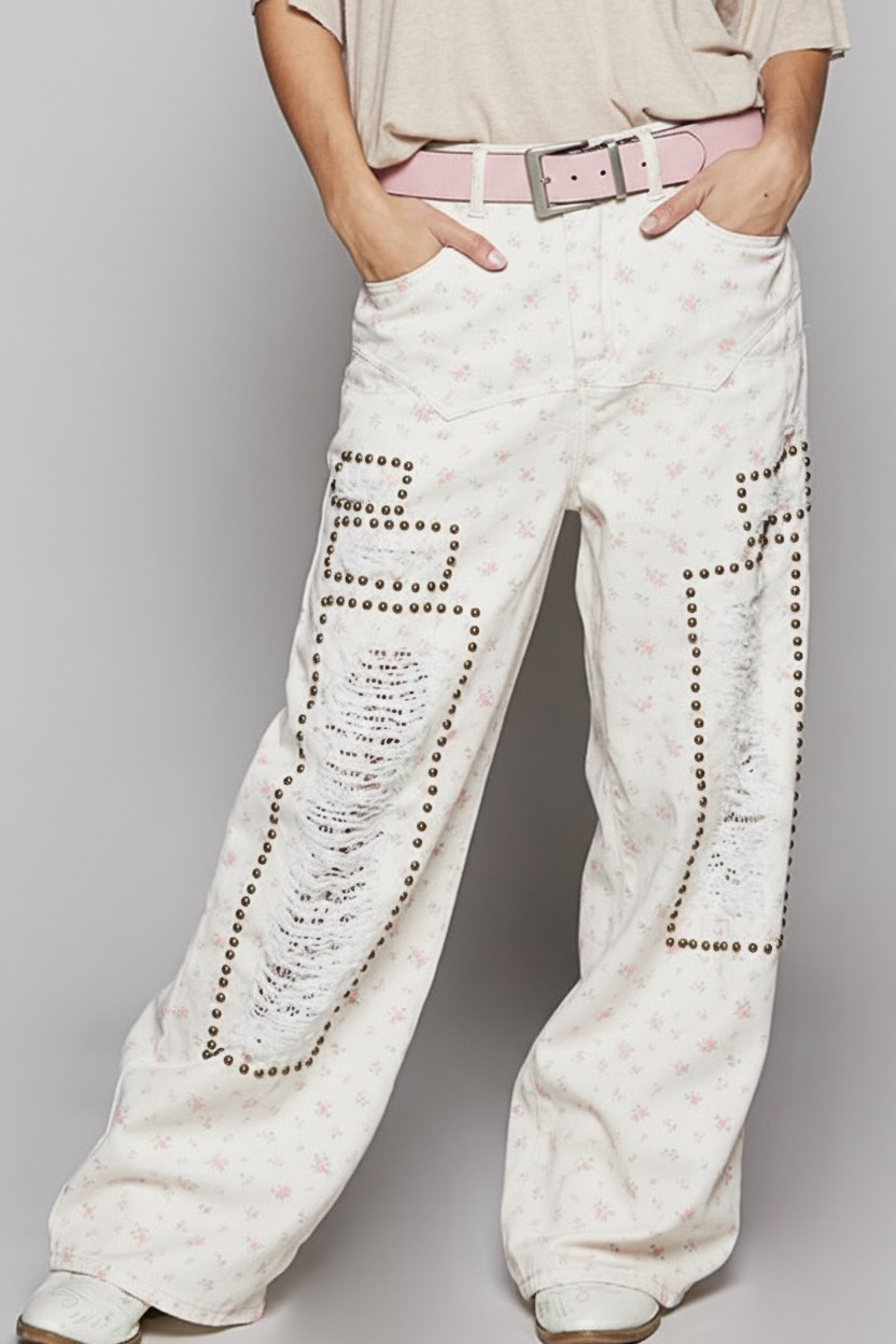 Bad Romance Floral Studded Distressed Jeans