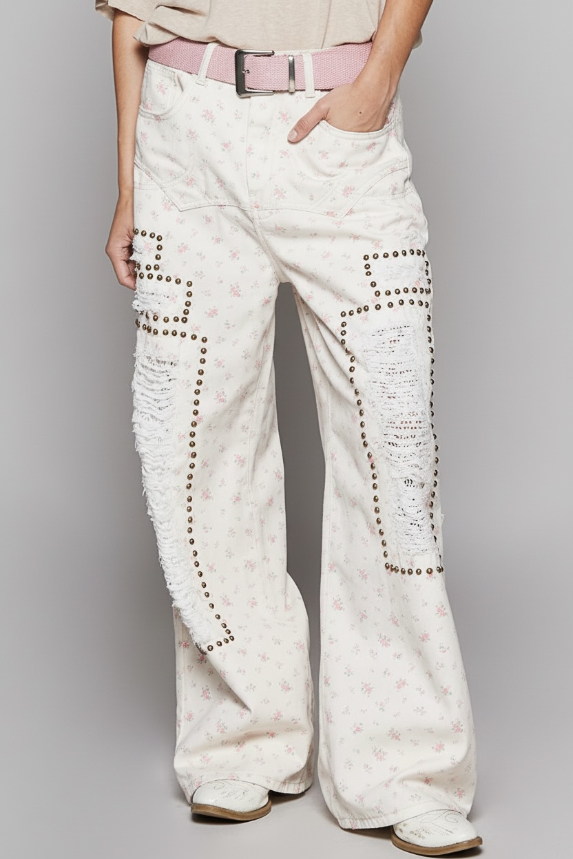 Bad Romance Floral Studded Distressed Jeans
