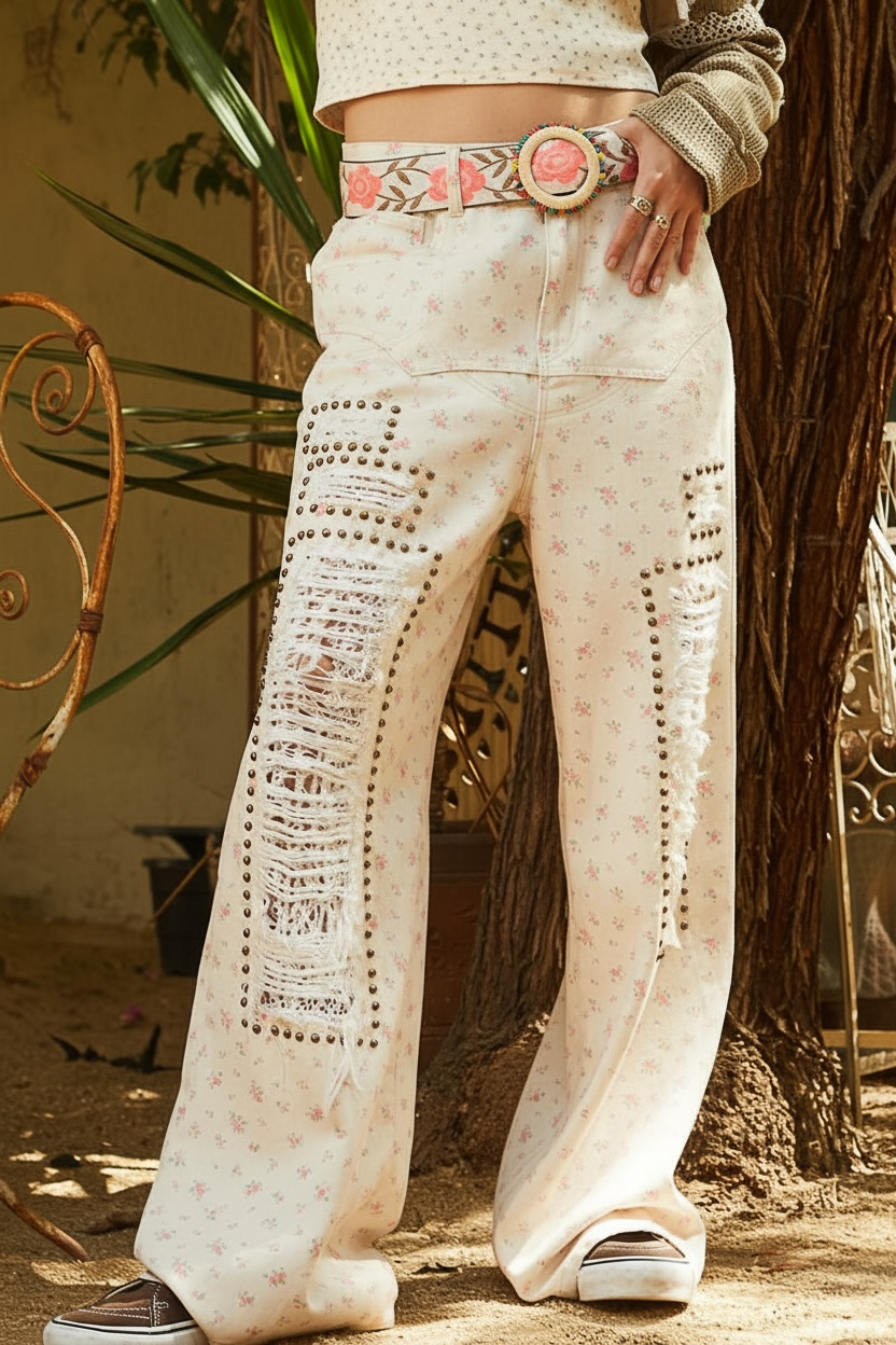 Bad Romance Floral Studded Distressed Jeans
