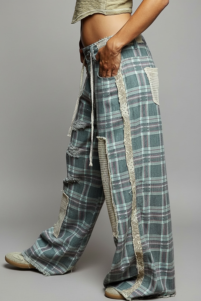 Checked Out Wide Leg Denim Pants