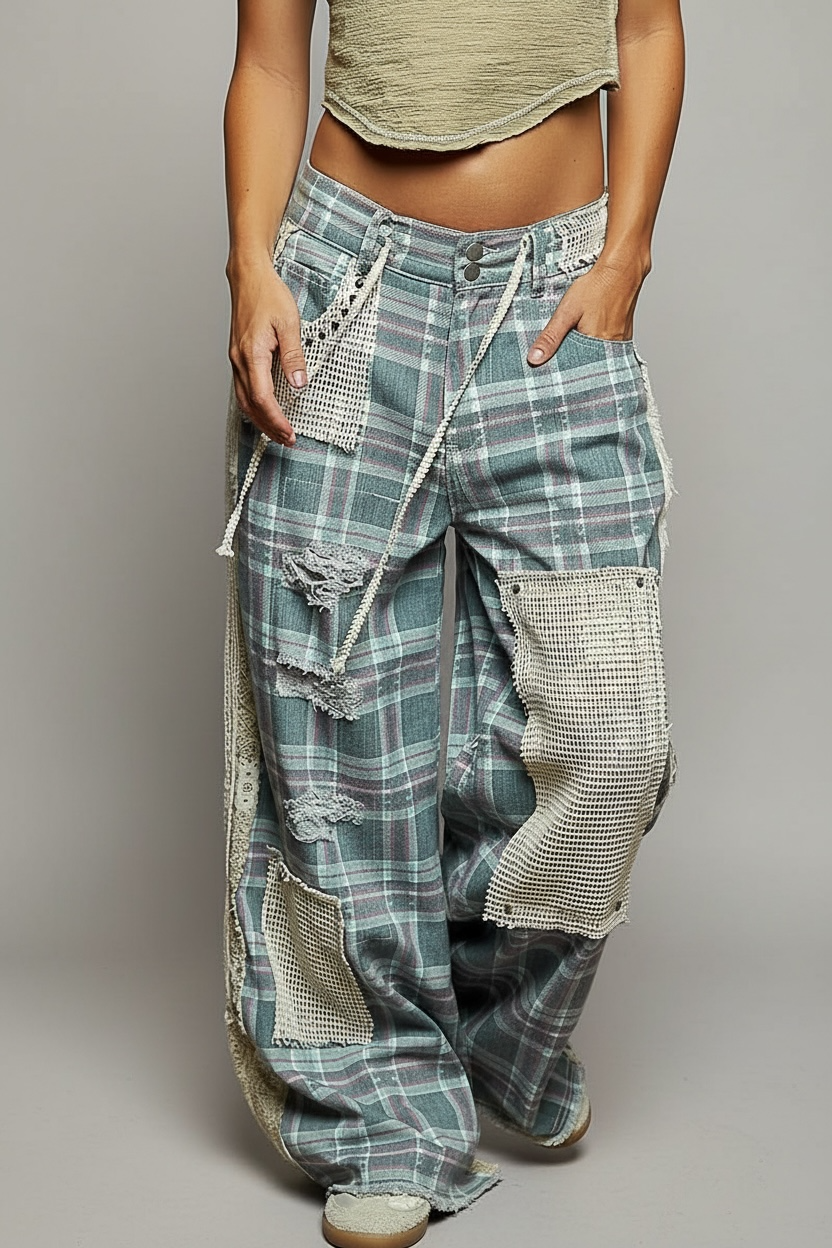 Checked Out Wide Leg Denim Pants