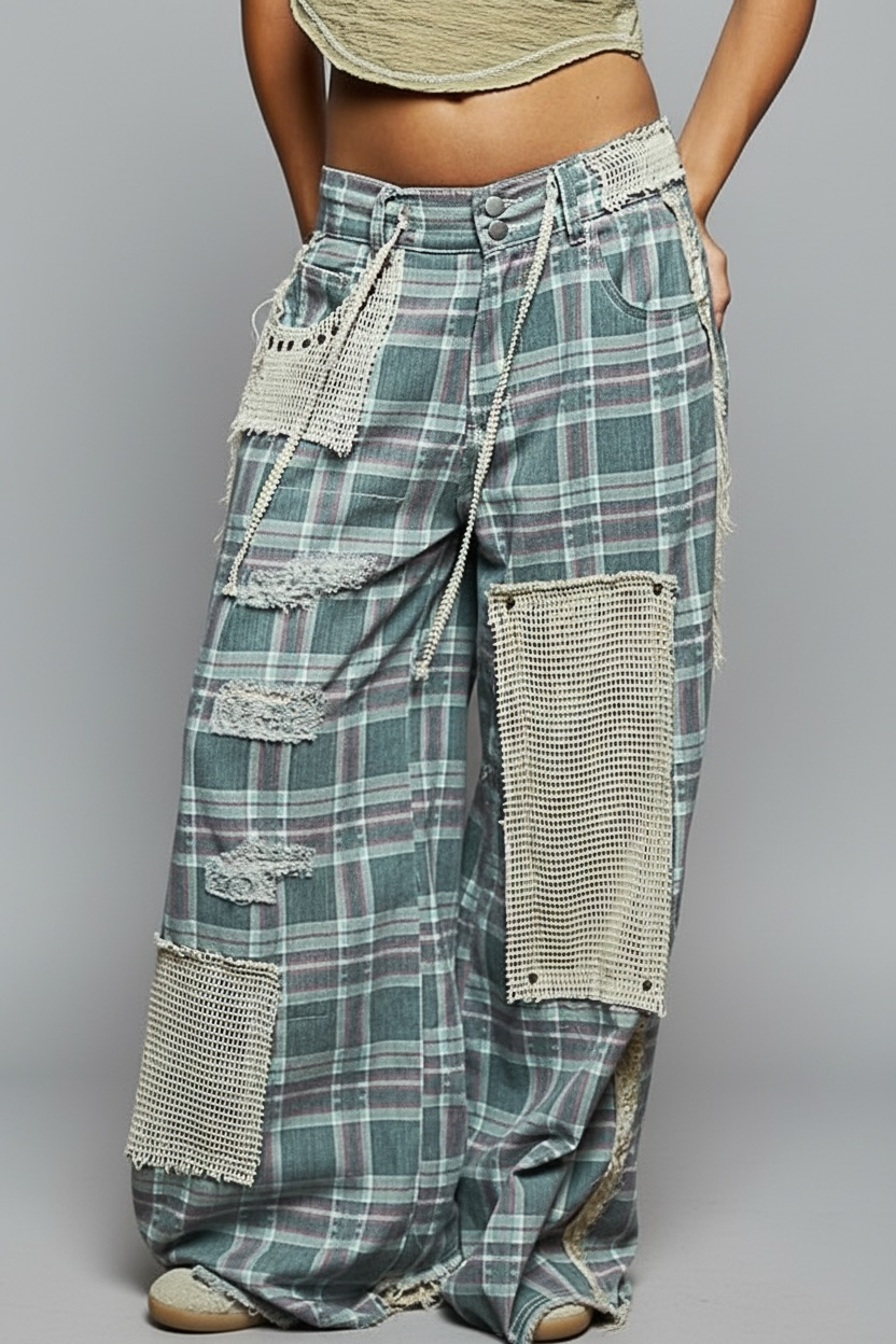 Checked Out Wide Leg Denim Pants