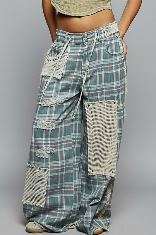 Checked Out Wide Leg Denim Pants