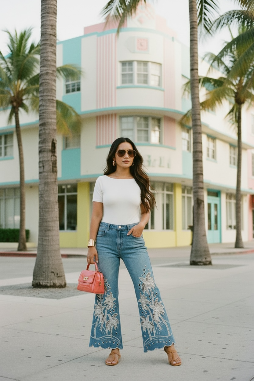 Postcards From Paradise Palm Tree Eyelet Jeans