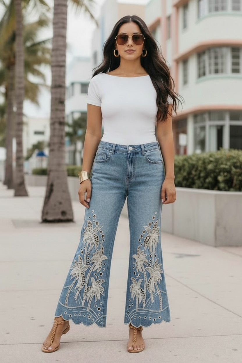 Postcards From Paradise Palm Tree Eyelet Jeans