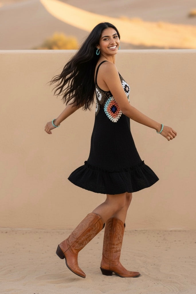 Dream State Crochet Ruffle Hem Mini Dress