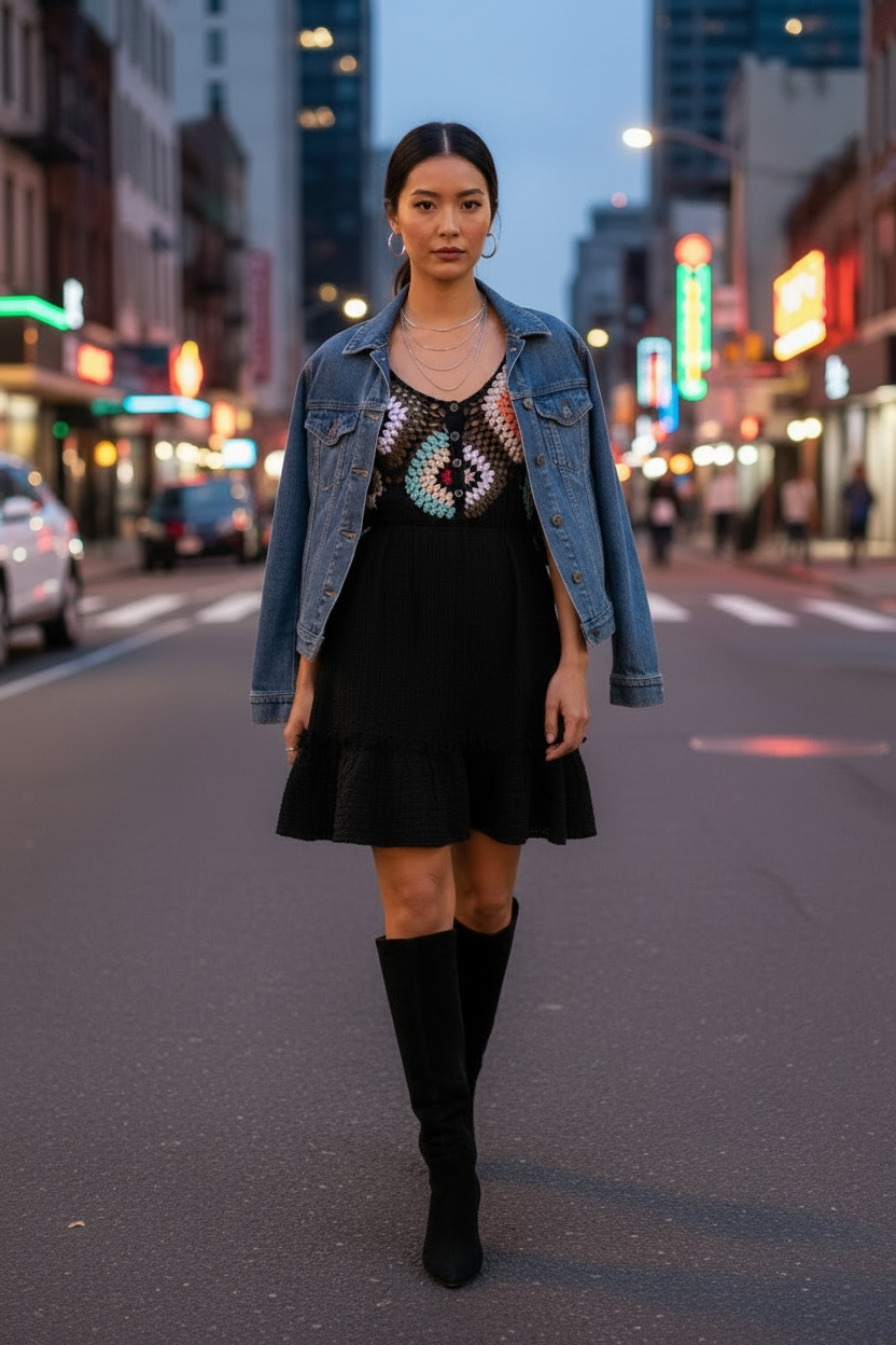 Black crochet mini dress with granny square bodice layered with a denim jacket and knee high boots for a city outfit