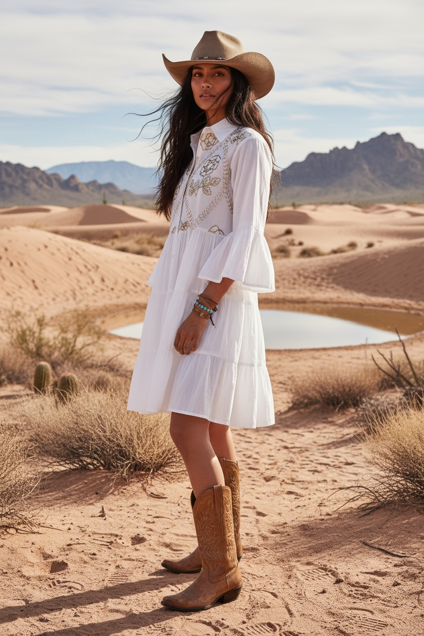 Desert Darlin’ Embroidered Tiered Button Front Mini