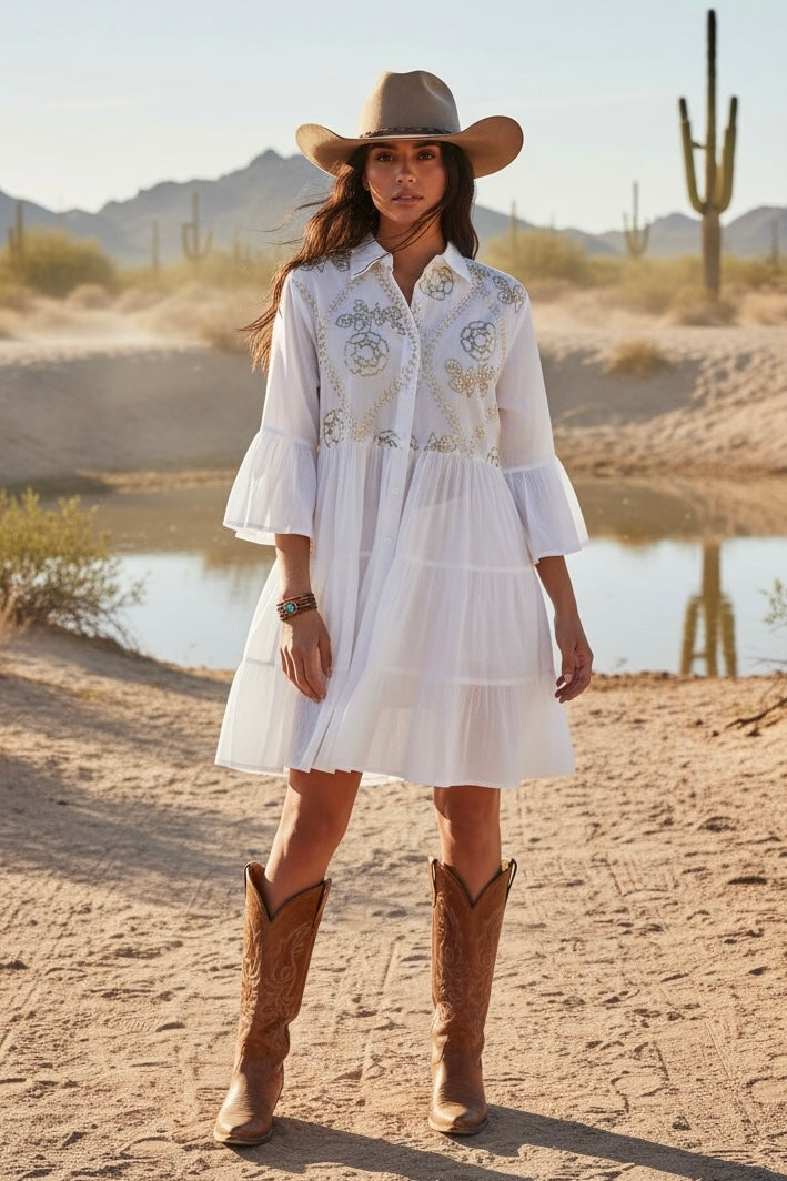 Desert Darlin’ Embroidered Tiered Button Front Mini