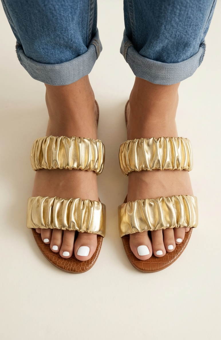 Metallic gold open toe sandals with scrunch double straps paired with cuffed denim jeans in a top view close up indoors
