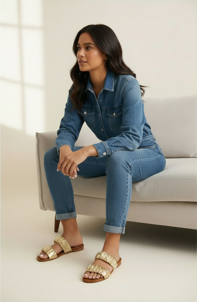 Gold scrunch slide sandals with ruched metallic double straps paired with a denim outfit while seated on a cream sofa indoors