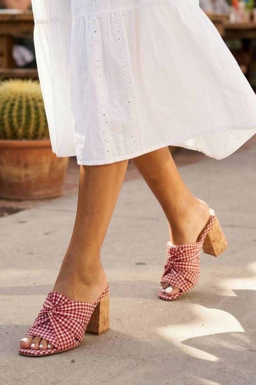 Red white gingham open toe block heel sandals paired with a white eyelet midi dress, side view walking along a sunny sidewalk