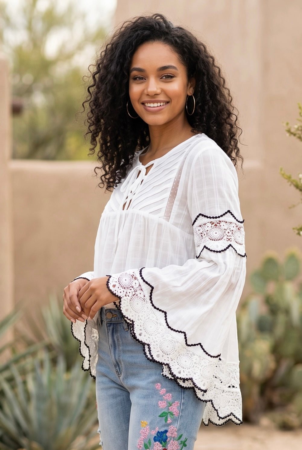 Ivory Lace Trim Babydoll Top | Boho Bell Sleeve Blouse – xoxo, klowe