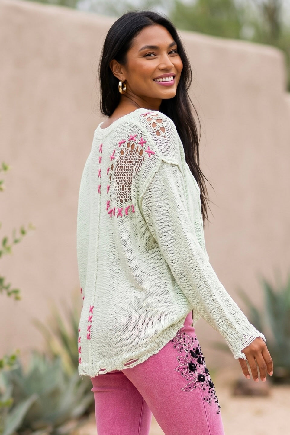 Lucky Charms Hot Pink Stitched V Neck Slouchy Loose Knit Sweater
