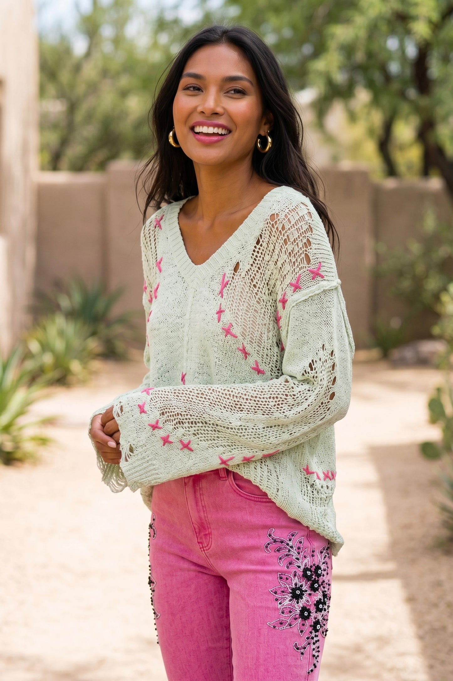 Lucky Charms Hot Pink Stitched V Neck Slouchy Loose Knit Sweater