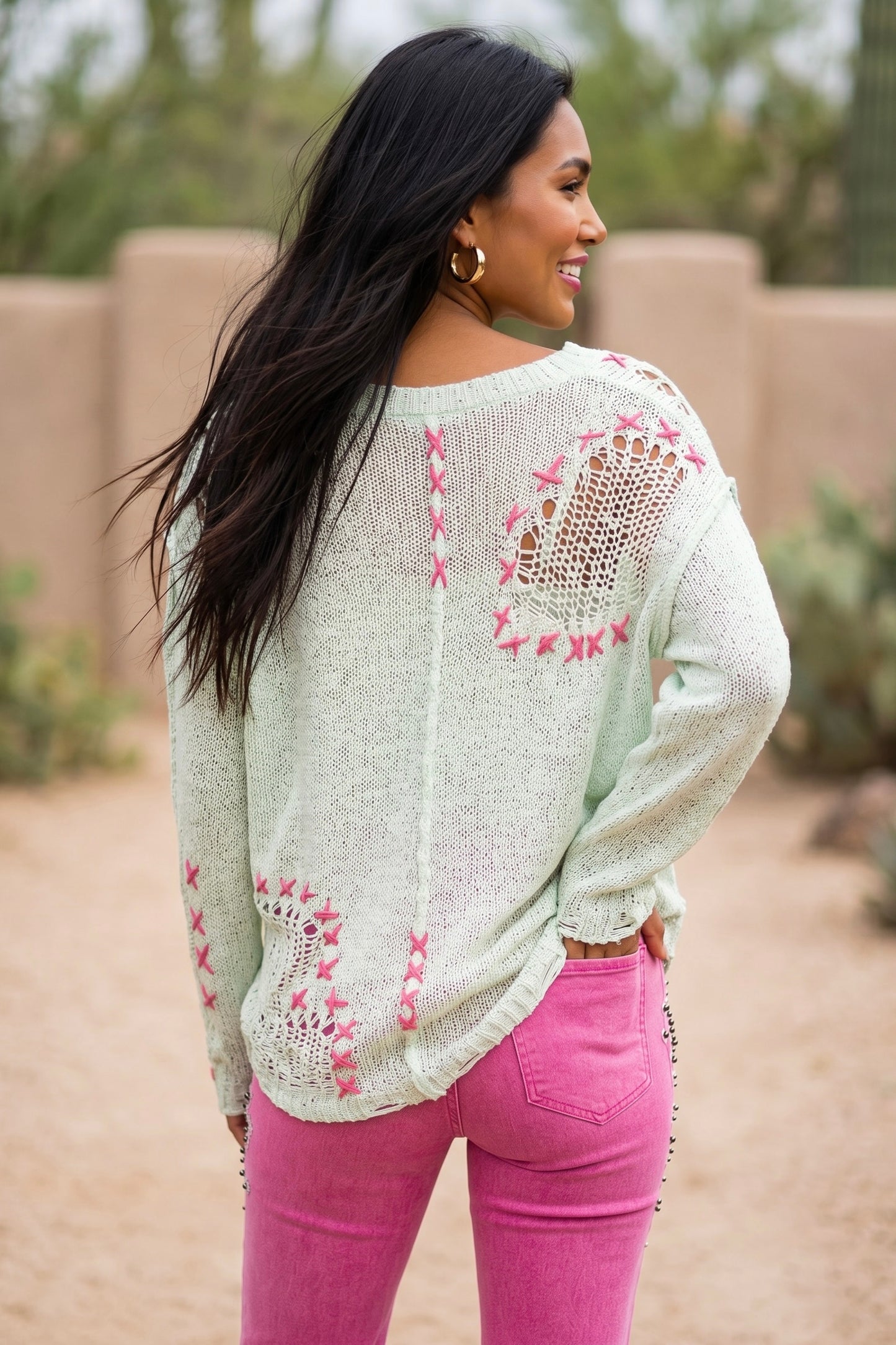 Lucky Charms Hot Pink Stitched V Neck Slouchy Loose Knit Sweater