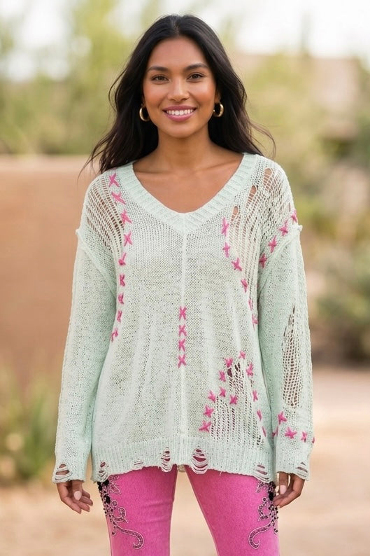 Lucky Charms Hot Pink Stitched V Neck Slouchy Loose Knit Sweater