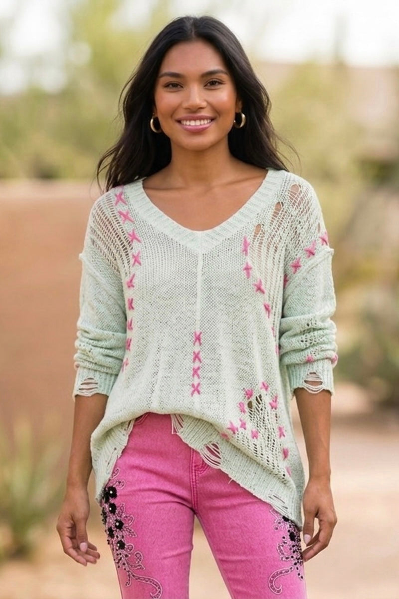 Lucky Charms Hot Pink Stitched V Neck Slouchy Loose Knit Sweater